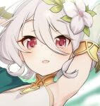  1girl armpits arms_up bangs blurry blurry_background blush cluseller cropped detached_sleeves dress eyebrows_visible_through_hair face flower green_background grey_hair hair_between_eyes hair_flower hair_ornament happy holding holding_staff kokkoro_(princess_connect!) looking_at_viewer open_mouth princess_connect! red_eyes see-through short_hair sleeveless sleeveless_dress smile solo staff upper_body white_flower 