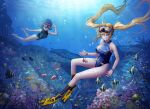  2girls ag-1_nereid air_bubble arin_sel blonde_hair blue_hair blue_swimsuit braid breasts bubble coral coral_reef diving_mask fish flippers freediving full_body goggles goggles_on_head green_eyes highres large_breasts last_origin light_rays long_hair multiple_girls one-piece_swimsuit smile submerged swimming swimsuit triaina twin_braids twintails underwater very_long_hair 
