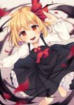  1girl absurdres arm_up ascot bangs bare_legs black_dress blonde_hair blouse bow commentary darkness dress feet_out_of_frame frilled_dress frilled_sleeves frills hair_between_eyes hair_bow highres long_sleeves looking_at_viewer miy@ open_mouth red_eyes red_neckwear rumia shiny shiny_hair short_hair smile solo teeth touhou white_blouse wing_collar 