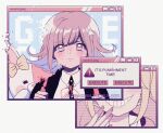  2girls artist_name backpack bag bangs black_jacket blonde_hair blue_hair blush collared_shirt colored_inner_hair commentary criis-chan dangan_ronpa ear_ribbon eyebrows_visible_through_hair flipped_hair game_over grin hair_ornament hairclip hand_up jacket long_hair looking_at_viewer monomi_(dangan_ronpa) multicolored_hair multiple_girls nanami_chiaki neck_ribbon parted_lips pink_hair pink_nails pink_ribbon portrait ribbon shirt smile spoilers stuffed_animal stuffed_bunny stuffed_toy super_dangan_ronpa_2 tagme watermark web_address white_shirt 