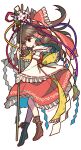  1girl bangs boots bow brown_eyes brown_footwear brown_hair closed_mouth detached_sleeves flower frilled_bow frilled_hair_tubes frills full_body gohei hair_bow hair_tubes hakurei_reimu highres holding japanese_clothes leaf long_hair looking_at_viewer miko red_bow red_ribbon red_shirt red_skirt ribbon ribbon-trimmed_sleeves ribbon_trim shirt simple_background skirt smile socha solo touhou twitter_username white_background wide_sleeves yellow_ribbon 