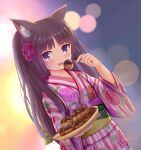  1girl :d absurdres animal_ears bangs black_hair blue_eyes blush cat_ears commentary_request dutch_angle eyebrows_visible_through_hair floral_print flower food hair_flower hair_ornament hand_up highres holding holding_food iroha_(iroha_matsurika) japanese_clothes kimono long_hair long_sleeves looking_at_viewer obi open_mouth original print_kimono purple_flower sash smile solo striped takoyaki vertical-striped_kimono vertical_stripes very_long_hair wide_sleeves yukata 