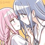  2girls blue_eyes blue_hair collarbone couple finger_to_mouth happy imminent_kiss looking_at_another magia_record:_mahou_shoujo_madoka_magica_gaiden mahou_shoujo_madoka_magica multiple_girls nanami_yachiyo open_mouth pink_eyes pink_hair simple_background smile studiozombie tamaki_iroha yellow_background yuri 