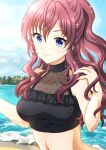  1girl :3 bare_shoulders beach bikini bikini_top black_bikini blue_eyes brown_hair commentary_request day hair_between_eyes highres ichinose_shiki idolmaster idolmaster_cinderella_girls long_hair looking_at_viewer miton39 ocean ponytail solo sparkle swimsuit upper_body wavy_hair 