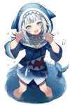  1girl :d animal_hood blue_eyes blue_hair blue_hoodie blue_nails claw_pose fingernails fish_tail gawr_gura hands_up head_tilt hololive hololive_english hood hood_down hood_up hoodie looking_at_viewer multicolored_hair nail_polish open_mouth shark_hood shark_tail sharp_teeth smile sogawa solo stitches streaked_hair tail teeth upper_teeth wading white_hair 