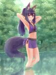  1girl absurdres animal_ear_fluff animal_ears armpits arms_behind_head bare_arms bare_shoulders bikini black_hair breasts closed_mouth collarbone commentary_request day fox_ears fox_girl fox_tail hands_up highres iroha_(iroha_matsurika) long_hair navel original outdoors ponytail purple_bikini ripples shallow_water side-tie_bikini small_breasts smile solo standing swimsuit tail tree very_long_hair wading water 