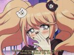  1990s_(style) 1girl bangs bear_hair_ornament bespectacled black_jacket blush commentary criis-chan dangan_ronpa english_text enoshima_junko eyebrows_visible_through_hair face fingernails glasses hair_ornament hand_up hands_on_own_face jacket long_hair looking_at_viewer multicolored nail_polish new_dangan_ronpa_v3 red_nails solo spoilers symbol-shaped_pupils twintails 