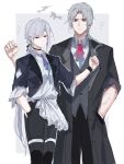  1boy 1girl alternate_costume arknights ascot bangs black_coat black_jacket black_pants black_vest blue_ascot clenched_hand coat commentary gladiia_(arknights) grey_background grey_hair hand_in_pocket hand_up highres jacket long_hair pants parted_bangs pointy_ears red_ascot red_eyes shirt sketch two-tone_background ulpian_(arknights) vest white_background white_shirt zuo_daoxing 