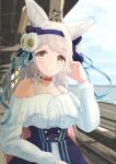  1girl animal_ear_fluff animal_ears arm_up bangs blue_skirt blue_sky blurry blurry_background breasts choker clouds daisy day eyebrows_visible_through_hair flower hair_flower hair_ornament hair_ribbon hand_in_hair highres indie_virtual_youtuber kurou_satsuki large_breasts light_particles long_hair looking_at_viewer mountainous_horizon off-shoulder_shirt off_shoulder outdoors pink_hair raglan_sleeves railroad_tracks red_choker ribbon road sena_(illust_sena) shirt skirt sky smile solo standing striped striped_skirt swept_bangs train_station train_station_platform underbust upper_body very_long_hair virtual_youtuber water white_shirt wolf_ears yellow_eyes 