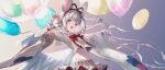  1girl :d animal animal_ears balloon bow bow_hairband bowtie double-breasted granblue_fantasy grey_shirt hair_bow hairband hand_up highres holding holding_animal holding_balloon long_sleeves looking_at_viewer medium_hair midriff miniskirt mouse mouse_ears navel open_mouth pleated_skirt red_bow red_eyes red_hairband red_neckwear ren_(gh) shirt skirt smile solo vikala_(granblue_fantasy) white_hair 