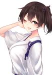  1girl black_hair brown_eyes commentary_request head_tilt highres japanese_clothes kaga_(kantai_collection) kamidanomi kantai_collection long_hair looking_at_viewer one_eye_closed short_hair side_ponytail simple_background solo tasuki tongue tongue_out upper_body white_background 