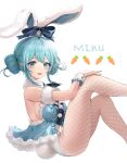  1girl animal_ears aqua_bow aqua_eyes aqua_hair ass bangs bare_shoulders bicute_bunnies_miku blush bow breasts bunny_tail carrot_print character_name commentary double_bun fake_animal_ears feet_out_of_frame fishnet_legwear fishnets food_print fur_trim grey_background hatsune_miku highres knees_up leotard looking_at_viewer medium_breasts open_mouth pantyhose playboy_bunny rabbit_ears sidelocks sitting smile solo strapless strapless_leotard tail upper_teeth vocaloid white_background wrist_cuffs zipgaemi 