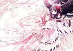  2girls absurdly_long_hair akemi_homura akuma_homura angel_wings arm_support ayumaru_(art_of_life) bare_shoulders black_feathers black_gloves black_hair black_wings chin_rest cleavage_cutout clothing_cutout commentary_request dot_nose dress elbow_gloves eyebrows_visible_through_hair facing_viewer feathered_wings feathers flower frilled_dress frilled_sleeves frills gloves goddess_madoka hair_ribbon half-closed_eyes hands_on_own_chest happy high_heels kaname_madoka knees_together_feet_apart layered_dress legs_up light_blush light_particles light_smile long_dress long_hair looking_at_another looking_down looking_up lying mahou_shoujo_madoka_magica mahou_shoujo_madoka_magica_movie multiple_girls on_back on_stomach parted_lips petals pink_feathers pink_hair pink_legwear pink_wings red_ribbon ribbon shiny shiny_hair simple_background straight_hair two_side_up very_long_hair violet_eyes white_background white_dress white_feathers white_flower white_footwear white_gloves white_ribbon wide_shot wide_sleeves winged_footwear wings yellow_eyes 