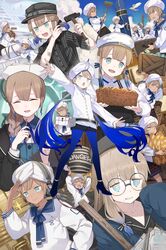  baguette bangs bird black_headwear black_jacket black_shorts blonde_hair blue_eyes blue_footwear blue_hair blue_legwear blush braid bread broom brown_hair captain_nemo_(fate/grand_order) clouds collared_shirt commentary_request dress_shirt fate/grand_order fate_(series) food gender_request glasses gradient gradient_hair gradient_legwear hammer hat high_heels highres holding holding_broom holding_food holding_hammer jacket long_hair long_sleeves looking_at_viewer multicolored_hair open_mouth paint_on_face pantyhose shirt short_ponytail short_sleeves shorts smile striped striped_shirt tetsu_(teppei) turban twintails white_headwear white_jacket 