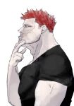  1boy adam&#039;s_apple artist_request beard beard_stubble boku_no_hero_academia endeavor_(boku_no_hero_academia) facial_hair from_side highres male_focus mature_male muscular muscular_male pectorals profile scar scar_across_eye shirt short_hair sideburns solo spiky_hair stubble t-shirt thick_eyebrows thinking upper_body 