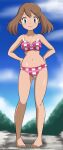  1girl ass_visible_through_thighs bangs barefoot bikini blue_eyes blush brown_hair closed_mouth clouds collarbone day eyebrows_visible_through_hair eyelashes full_body hands_on_hips highres knees kohta_(my_page) may_(pokemon) medium_hair navel outdoors pigeon-toed pink_bikini pokemon pokemon_(anime) pokemon_m06 pokemon_rse_(anime) shiny shiny_skin sky smile solo standing swimsuit toes 