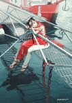  1girl aburage_(motimotigg20) bangs black_hair boat braid chain double_bun frills full_body highres original outdoors pants red_footwear red_lips red_nails rope sandals shadow signature sleeveless solo twin_braids water watercraft white_pants 