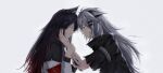  2girls absurdres animal_ear_fluff animal_ears arknights bangs black_capelet black_hair black_jacket blood capelet closed_eyes commentary_request crying facing_another grey_background grin hair_ornament hairclip highres jacket lappland_(arknights) long_hair long_sleeves multiple_girls niuy oripathy_lesion_(arknights) scar scar_across_eye short_sleeves silver_hair simple_background smile tears texas_(arknights) white_jacket wolf_ears 