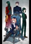  1girl 3boys bangs black_hair black_legwear blonde_hair blue_eyes blunt_bangs boots cigar commentary_request dress dual_persona fate/grand_order fate/stay_night fate/zero fate_(series) from_behind green_eyes green_hair hat highres kayneth_el-melloi_archibald long_hair long_sleeves looking_at_viewer looking_back lord_el-melloi_ii lord_el-melloi_ii_case_files multiple_boys older pantyhose reines_el-melloi_archisorte revision short_hair sitting waver_velvet ycco_(estrella) 