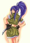  1girl bangs blue_eyes blue_hair blush breasts combat_knife cropped_jacket gloves hands_on_hips highres holding holding_knife knife leona_heidern lips long_hair looking_back military military_uniform ponytail shorts signature sleeves_rolled_up solo the_king_of_fighters ultimatesol uniform weapon 