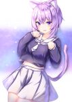  1girl :d ahoge animal_ear_fluff animal_ears arms_up bangs breasts cat_ears cat_girl cat_tail eyebrows_visible_through_hair hair_between_eyes highres hololive large_breasts long_sleeves looking_at_viewer multicolored multicolored_background nekomata_okayu open_mouth paw_pose pleated_skirt purple_background purple_hair purple_shirt sailor_collar school_uniform serafuku shirt short_hair simple_background skirt smile solo tail violet_eyes virtual_youtuber white_background white_sailor_collar white_skirt yuano 