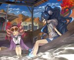  2girls ashiyu aura autumn autumn_leaves bag belt blue_eyes blue_hair blue_skirt blue_sky blush_stickers bow broom closed_eyes clouds commentary_request debt drawstring dress drill_hair eyewear_on_head fisheye grey_hoodie ground_vehicle hair_bow handbag hat highres hood hood_down hoodie jacket jewelry leaning_to_the_side long_hair long_sleeves looking_at_another mini_hat mini_top_hat miniskirt mountain multiple_girls necklace open_clothes open_jacket open_mouth pendant pink_hair ponytail purple_jacket scenery shope short_hair siblings sideways_mouth sign sisters sitting skirt sky soaking_feet sunglasses top_hat touhou train train_station twin_drills unmoving_pattern very_long_hair white_dress yorigami_jo&#039;on yorigami_shion 
