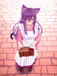  1girl absurdres animal_ear_fluff animal_ears apron bangs blush box brown_footwear cat_ears cat_girl cat_tail commentary_request eyebrows_visible_through_hair frilled_apron frills full_body gift gift_box hair_between_eyes hakama highres holding holding_gift incoming_gift iroha_(iroha_matsurika) japanese_clothes kimono long_hair long_sleeves maid_apron nose_blush original parted_lips pink_kimono purple_hair purple_hakama shoes solo standing tail very_long_hair violet_eyes wa_maid white_apron wide_sleeves 
