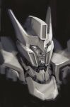  1boy absurdres autobot black_background close-up drift english_commentary greyscale highres looking_at_viewer mecha monochrome nem_(virtual_nemesis) no_humans science_fiction solo transformers white_eyes 
