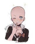  1girl alternate_hairstyle bald bald_girl bangs black_bra black_choker black_shirt blue_eyes blush bow bra choker collarbone criis-chan cropped_shoulders dangan_ronpa dangan_ronpa_1 english_commentary enoshima_junko finger_to_mouth grin hand_up looking_at_viewer one_eye_closed red_bow red_nails shirt simple_background smile solo sparkle twitter_username underwear v white_background 