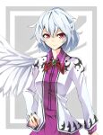  1girl angel_wings bow bowtie breasts brooch closed_mouth commentary_request cowboy_shot dress grey_background hair_between_eyes hand_on_hip jacket jewelry kauchipoteto kishin_sagume looking_at_viewer medium_breasts purple_dress red_bow red_eyes short_hair silver_hair simple_background single_wing smile solo standing touhou white_background white_jacket wings 