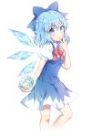  1girl absurdres bangs blue_bow blue_dress blue_eyes blue_hair blue_wings blush bow caramell0501 cirno closed_mouth collared_shirt commentary detached_wings dress eyebrows_visible_through_hair frozen_frog hair_between_eyes hair_bow hand_up highres holding ice ice_wings looking_at_viewer puffy_short_sleeves puffy_sleeves red_bow shirt short_sleeves simple_background sleeveless sleeveless_dress smile solo standing standing_on_one_leg symbol_commentary touhou white_background white_shirt wings 
