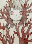  1girl bangs bubble coral coral_reef expressionless highres kapura limited_palette long_hair looking_at_viewer original pink_eyes solo traditional_media upper_body 
