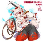 1girl animal_ears bangs black_skirt breasts character_name detached_sleeves english_text eyebrows_visible_through_hair hat holding holding_shield holding_sword holding_weapon inubashiri_momiji large_breasts leaf leaf_print looking_at_viewer maple_leaf medium_hair open_mouth red_headwear red_ribbon ribbon ribbon-trimmed_sleeves ribbon_trim shield shirt signature skirt solo sword tail tokin_hat touhou umigarasu_(kitsune1963) weapon white_background white_hair white_shirt white_tail wide_sleeves wolf_ears wolf_tail yellow_eyes 