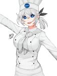  1girl artist_name blue_eyes buffy_(risottosf) chef chef_hat chef_uniform dated hair_between_eyes hat highres jacket original personification pillsbury_doughboy ponytail short_hair solo white_background white_hair white_jacket 