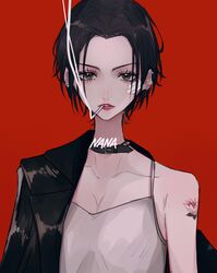  1girl bandages black_eyes black_hair character_name cigarette copyright_name ear_piercing highres jacket jacket_on_shoulders lipstick long_neck makeup mano_aaa mouth_hold nana_(series) neck_belt osaki_nana piercing red_background short_hair smoking tattoo upper_body 