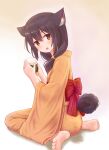  1girl absurdres animal_ear_fluff animal_ears barefoot black_hair bow brown_background brown_eyes brown_kimono cat_ears cat_tail commentary_request food gradient gradient_background hair_over_shoulder highres holding holding_food iroha_(iroha_matsurika) japanese_clothes kimono long_hair long_sleeves looking_at_viewer looking_back obi onigiri open_mouth original red_bow sash sitting soles solo tail wariza white_background wide_sleeves 
