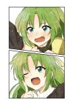  2girls blush close-up green_eyes green_hair highres higurashi_no_naku_koro_ni long_hair maebara_keiichi multiple_girls one_eye_closed open_mouth shosudo siblings simple_background sisters sonozaki_mion sonozaki_shion twins white_background 