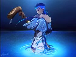  1boy armor blue_hair capelet cu_chulainn_(fate)_(all) cu_chulainn_(fate/grand_order) earrings fate/grand_order fate_(series) floating_hair from_side glowing_liquid hood hood_down hooded_capelet jewelry long_hair looking_at_viewer male_focus multiple_piercings night red_eyes signature smile solo spiky_hair staff vambraces wooden_staff yukota_2631 