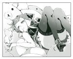  1girl bangs black_eyes boots breasts gloves heterochromia hololive houshou_marine large_breasts looking_to_the_side lying monochrome on_back parted_lips pleated_skirt skirt solo stuffed_animal stuffed_toy teddy_bear thick_thighs thigh-highs thighs twintails virtual_youtuber yagi_(yagiumaaai) 