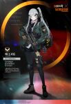  1girl agent_416_(girls_frontline) assault_rifle backpack bag boots chinese_commentary chinese_text commentary_request crossover emblem english_text explosive girls_frontline gloves green_eyes grenade gun h&amp;k_hk416 headphones holding holding_gun holding_weapon jacket knee_pads laser_pointer long_hair official_art ponytail rifle rope scope shorts silver_hair solo thigh-highs tom_clancy&#039;s_the_division watch watch weapon 