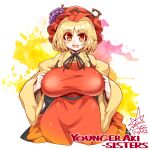  1girl aki_minoriko apron bangs black_neckwear black_ribbon blonde_hair breasts character_name english_text eyebrows_visible_through_hair food fruit grapes large_breasts long_sleeves looking_at_viewer medium_hair open_mouth orange_apron orange_eyes orange_headwear ribbon shirt signature smile solo touhou umigarasu_(kitsune1963) white_background wide_sleeves yellow_shirt 