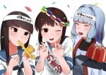  3girls bangs black_hair blue_sailor_collar blunt_bangs brown_eyes closed_eyes clothes_writing commentary_request confetti fubuki_(kantai_collection) gift hair_ribbon hat hatsuyuki_(kantai_collection) headgear highres hime_cut kantai_collection long_hair low_ponytail mouth_hold multiple_girls murakumo_(kantai_collection) party_hat party_horn party_popper ponytail ribbon sailor_collar sakieko school_uniform serafuku short_eyebrows short_ponytail sidelocks silver_hair simple_background thick_eyebrows translation_request tress_ribbon upper_body white_background 
