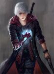  1boy belt black_coat blue_eyes bracelet claws closed_mouth coat devil_may_cry devil_may_cry_4 diaodiao glowing gun handgun highres holding holding_gun holding_weapon hood hood_down jewelry looking_at_hand male_focus nero_(devil_may_cry) open_clothes open_coat sleeves_rolled_up solo sword thigh_strap weapon weapon_on_back white_hair zipper 