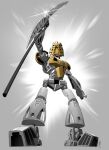  absurdres bionicle glowing glowing_eyes grey_background greyscale highres holding holding_weapon jeetdoh looking_down monochrome no_humans open_hands robot staff takanuva_(bionicle) the_lego_group weapon white_eyes 