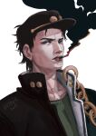  1boy artist_name black_hair black_headwear black_jacket blue_eyes chain cigarette dated highres jacket jojo_no_kimyou_na_bouken kuujou_joutarou looking_at_viewer male_focus mouth_hold simple_background smoking solo stardust_crusaders upper_body vicious-xuan white_background 