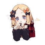  1girl abigail_williams_(fate/grand_order) bangs black_bow black_dress blonde_hair blue_eyes blush bow breath breathing_on_hands cropped_torso dress enpera fate/grand_order fate_(series) forehead fringe_trim hair_bow hands_up highres long_sleeves orange_bow parted_bangs parted_lips plaid plaid_scarf puffy_long_sleeves puffy_sleeves red_scarf scarf signature simple_background sleeves_past_wrists sofra solo twitter_username upper_body white_background 