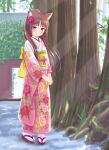  1girl absurdres animal_ear_fluff animal_ears bangs blurry blurry_background blush brown_footwear brown_hair cat_ears closed_mouth commentary_request depth_of_field eyebrows_visible_through_hair floral_print flower full_body hair_flower hair_ornament hands_together highres iroha_(iroha_matsurika) japanese_clothes kimono long_hair long_sleeves miko obi original own_hands_together pink_kimono print_kimono purple_flower sash smile socks solo standing tabi tree very_long_hair violet_eyes white_legwear wide_sleeves zouri 