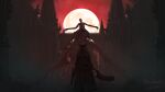 1other artist_name bloodborne capelet coat commentary copyright_name eldritch_abomination facing_another feet_out_of_frame from_behind full_moon gun handgun hat highres holding holding_gun holding_weapon hunter_(bloodborne) long_coat long_sleeves monster moon outdoors pillar pistol red_sky saw_cleaver skeleton sky spire standing the_one_reborn tower tricorne tripdancer weapon 