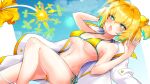  1girl blonde_hair blue_eyes blue_hair blush bombergirl breasts eyebrows_visible_through_hair fang hair_intakes highres knee_up large_breasts looking_at_viewer lying multicolored_hair navel on_back open_mouth pine_(bombergirl) short_hair solo two-tone_hair yui_(kawalcjil4) 