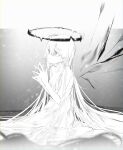  1girl absurdly_long_hair absurdres bare_shoulders blurry blurry_foreground collarbone detached_wings dress eyebrows_visible_through_hair fingernails greyscale hair_between_eyes halo highres huge_filesize long_hair maimuro monochrome original sitting sparkle very_long_hair white_theme wings 